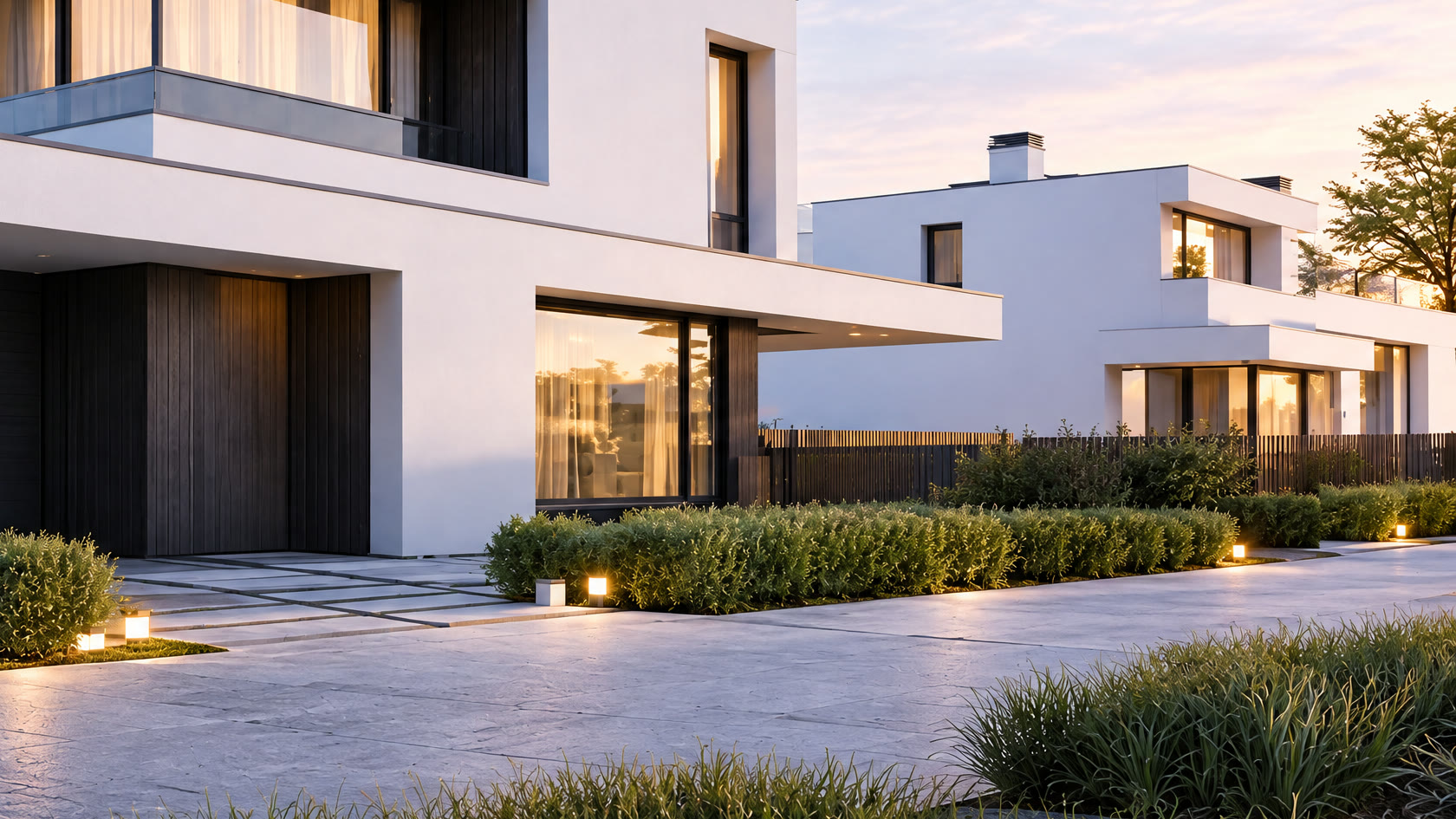 The front of the residence at dusk: low hedges, ornamental grasses and path lights along a pale drive.