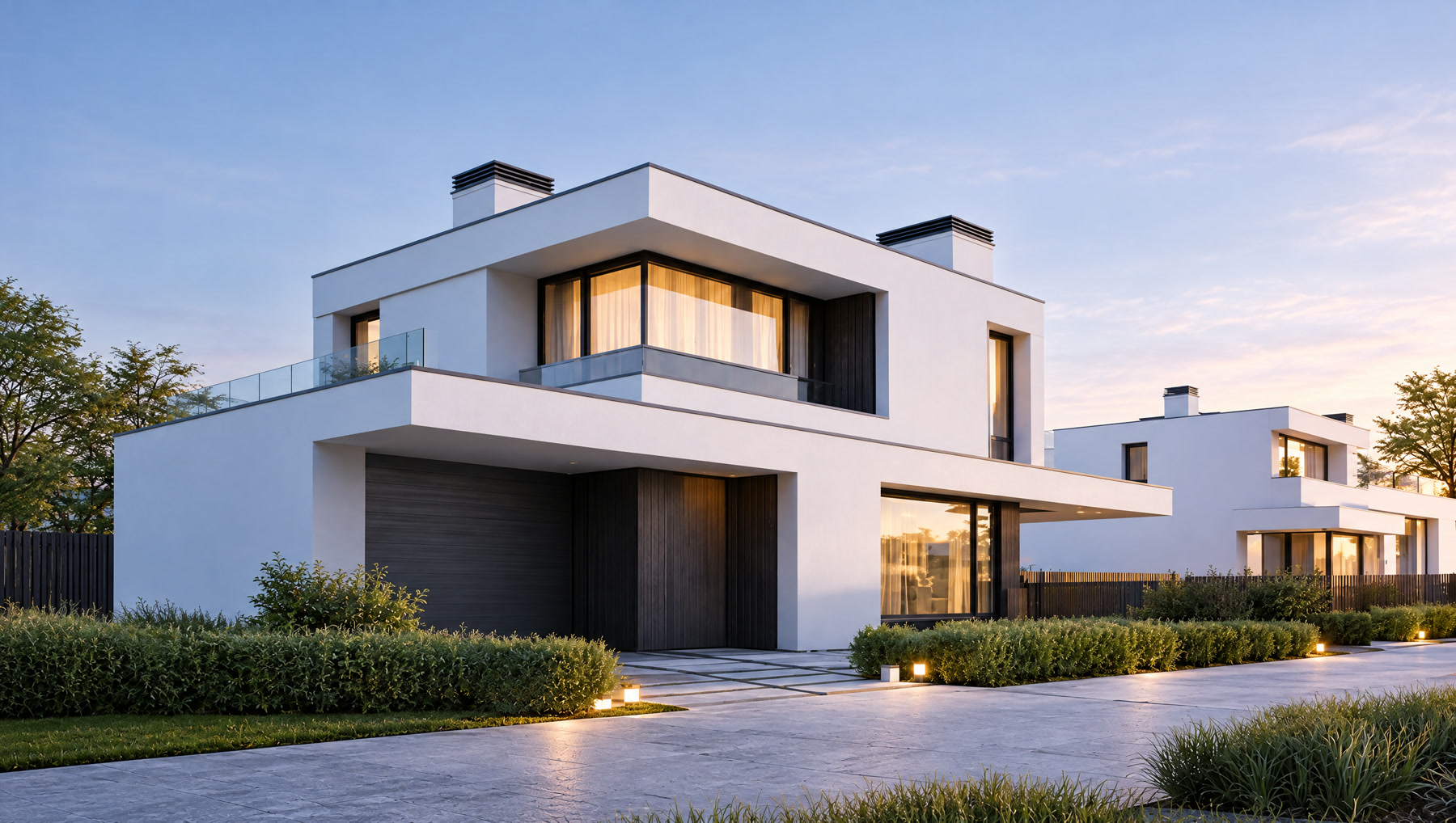 The Apex residence: white horizontal volumes, glazed corners and landscaped gardens.